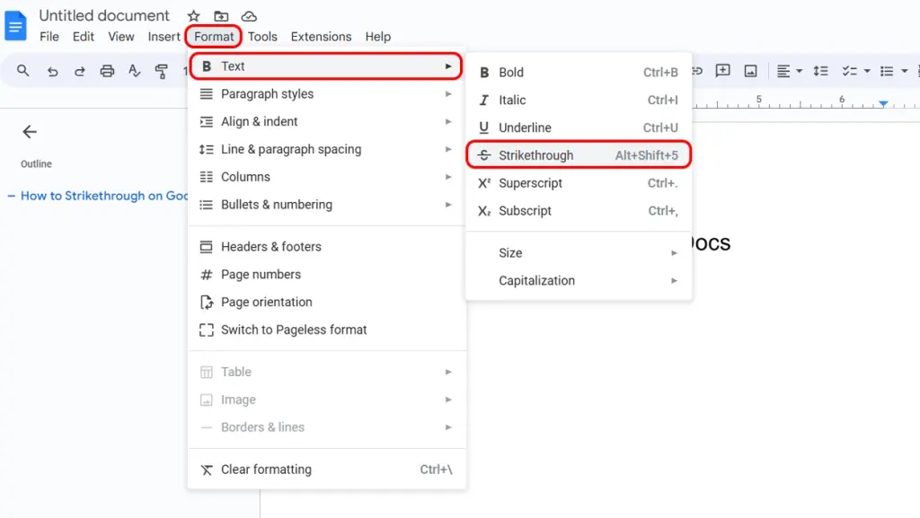 Accessing the strikethrough option in Google Docs
