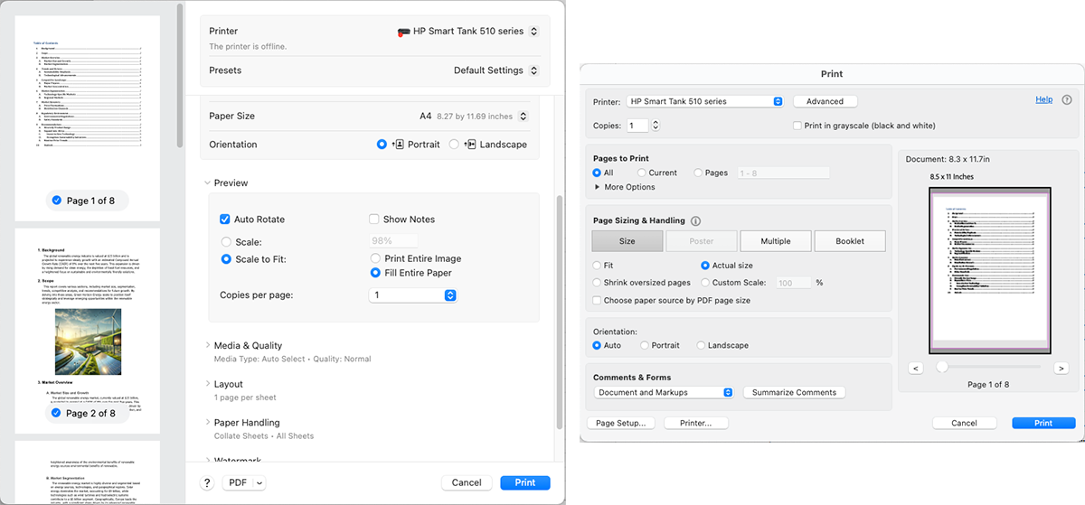 Two examples of print dialog boxes for enlarging PDFs for printing