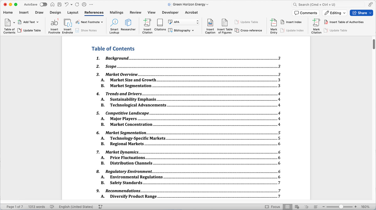 Completed table of contents