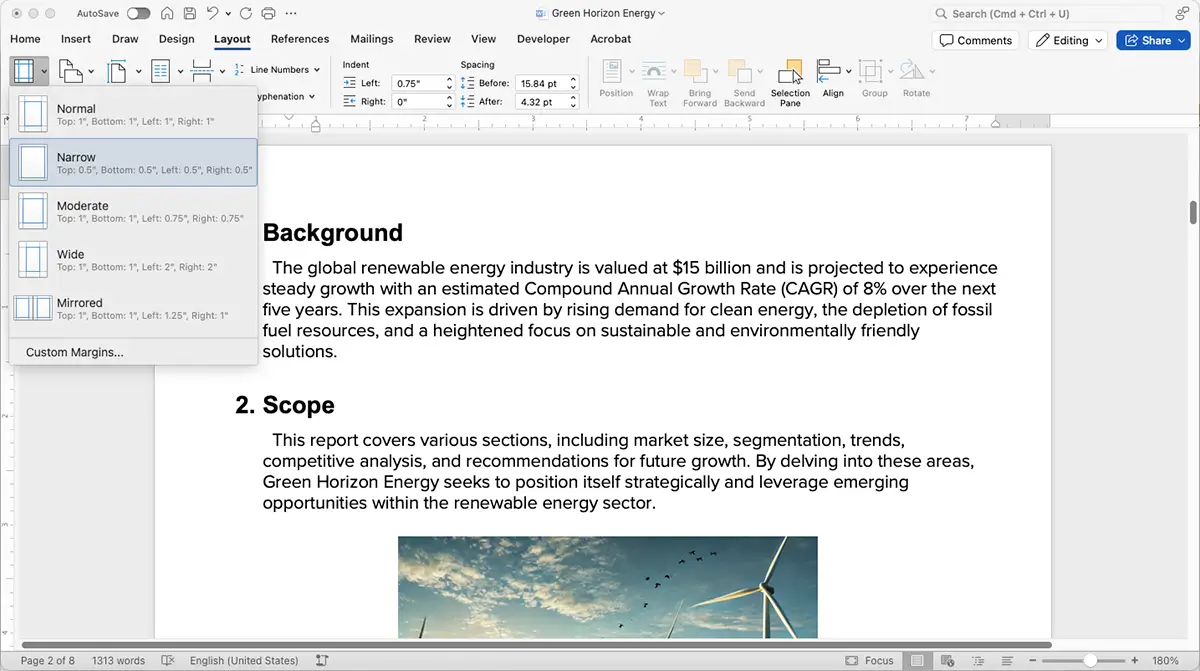 Adjusting print margins in Microsoft Word