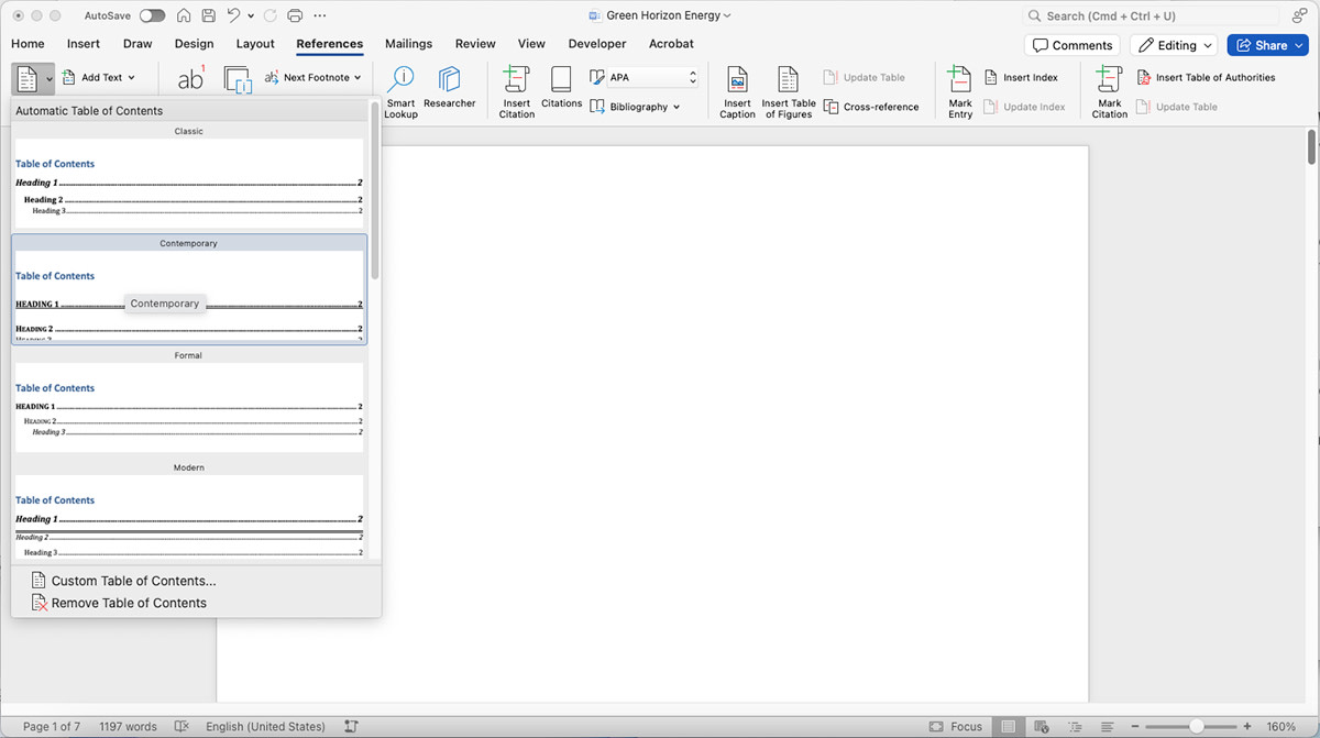 Using Word to insert a table of contents