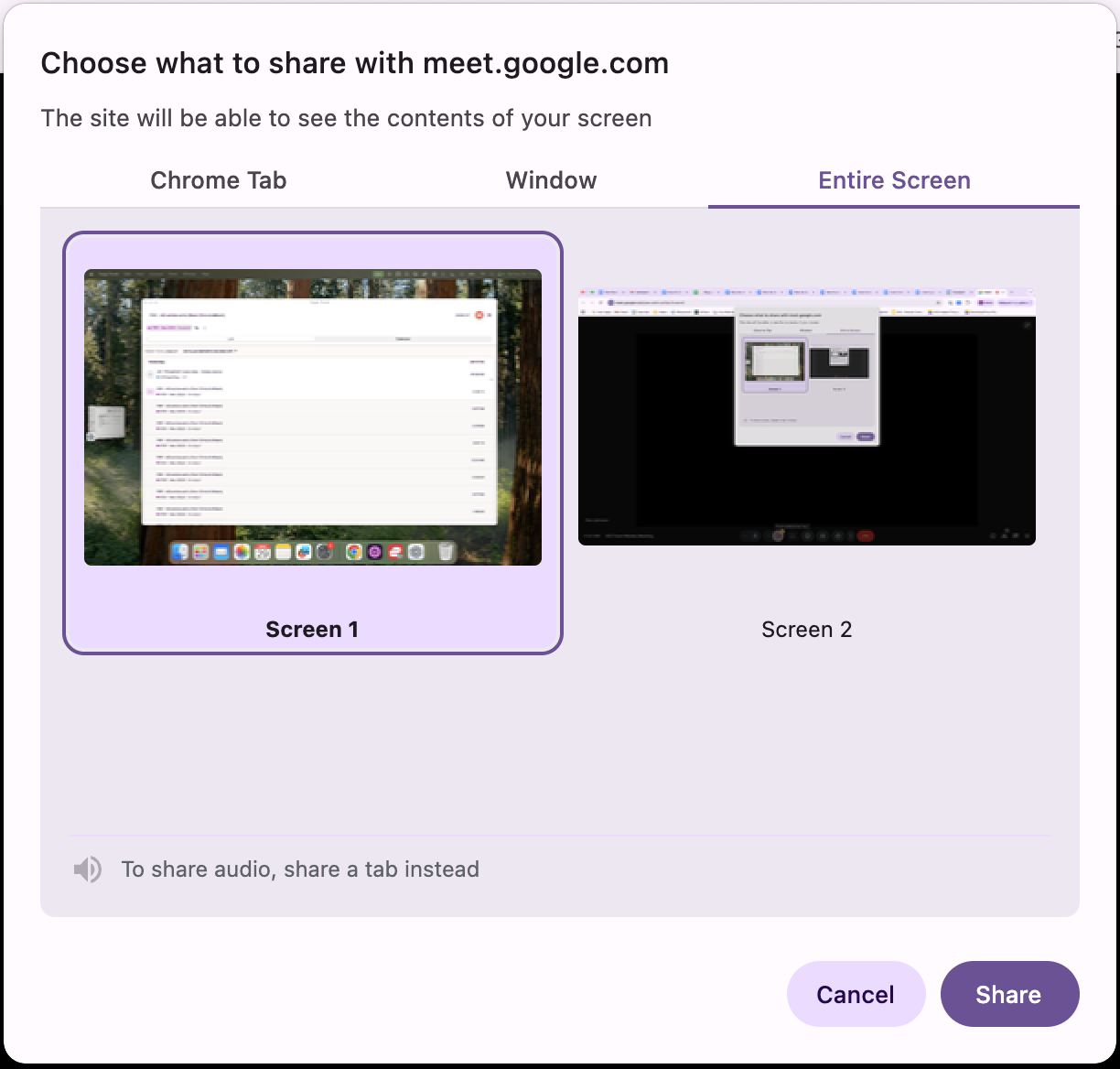 Choose to share Tab, Window, or Entire Screen