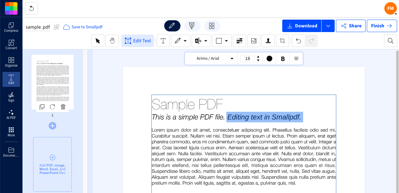 Editing text in Smallpdf's PDF editor