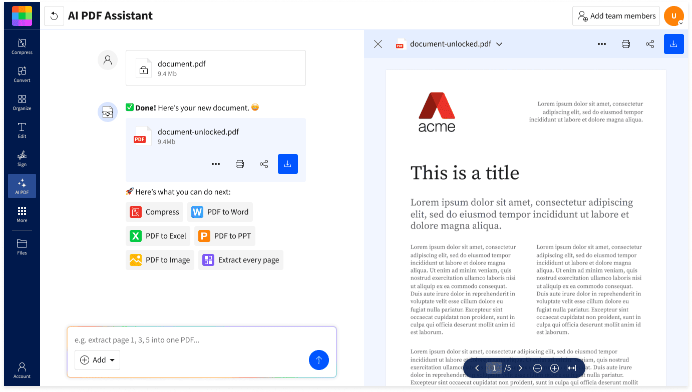 How to use the AI PDF Assistant: upload a PDF, select a suggested action, wait for the response, and continue the conversation