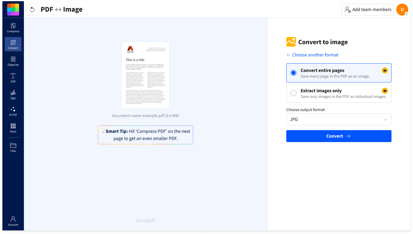 How to convert PDF to JPG: drag and drop the file, choose full pages or extracted images, convert, and download