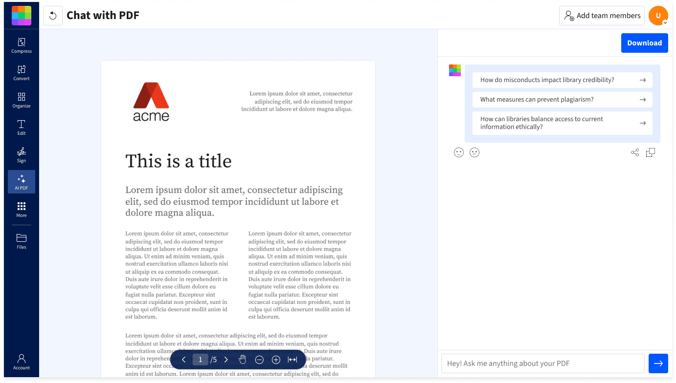 How to chat with PDF: import a file, ask questions, use suggested prompts, and download or copy the chat