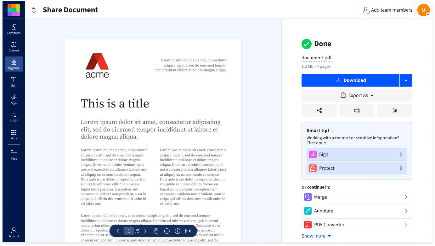 How to share a PDF document in Smallpdf: upload your PDF, then click the share icon below Download on the Done screen