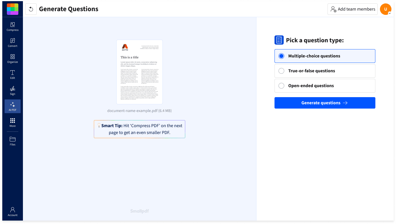 How to generate AI questions from a PDF in Smallpdf: upload a PDF, pick a question type, and click Generate questions