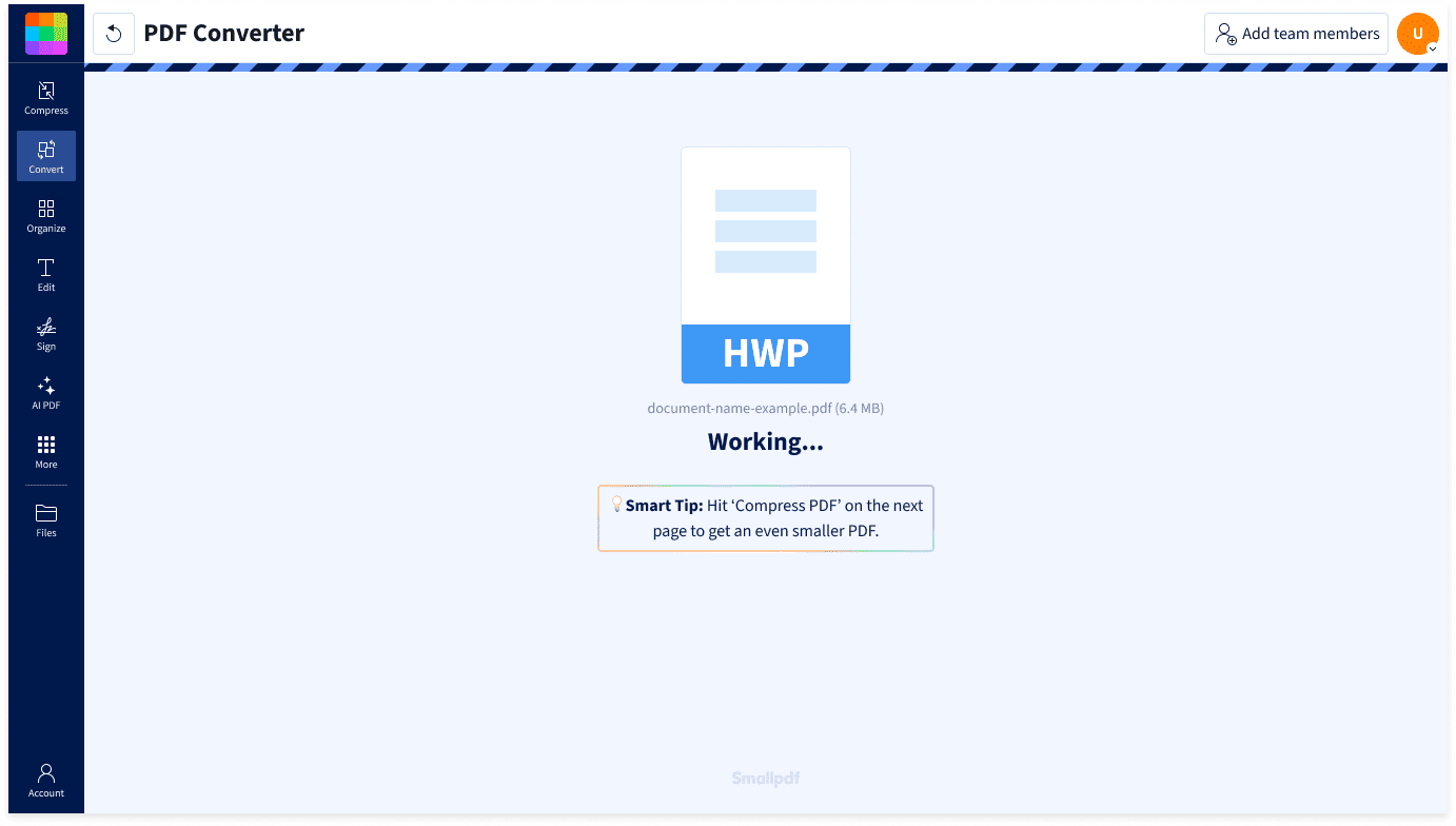 How to convert HWP to PDF in Smallpdf: upload your HWP file and the PDF Converter turns it into a PDF automatically
