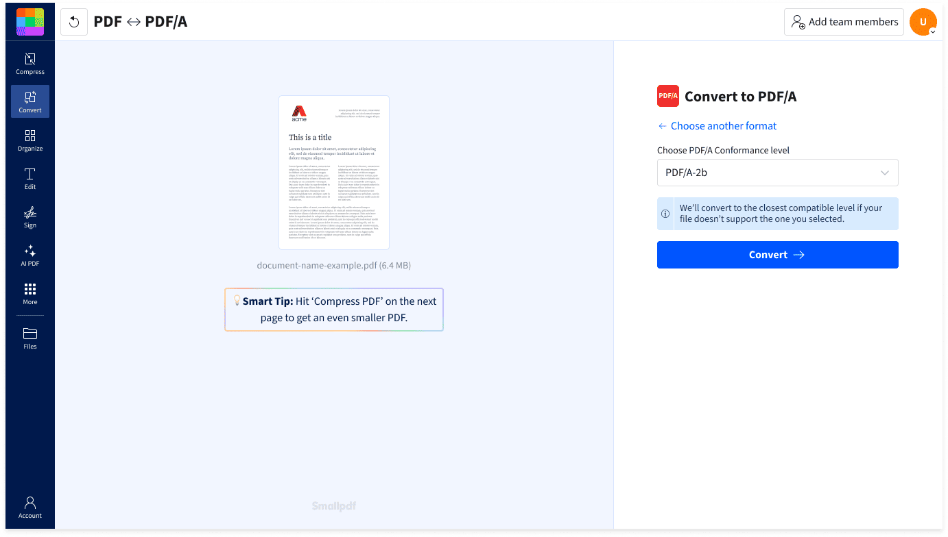 How to convert PDF to PDF/A in Smallpdf: upload a PDF, choose a PDF/A conformance level, and click Convert