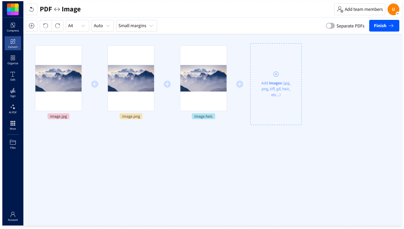 How to convert BMP to PDF: upload images, add more files, choose page settings, and download the PDF