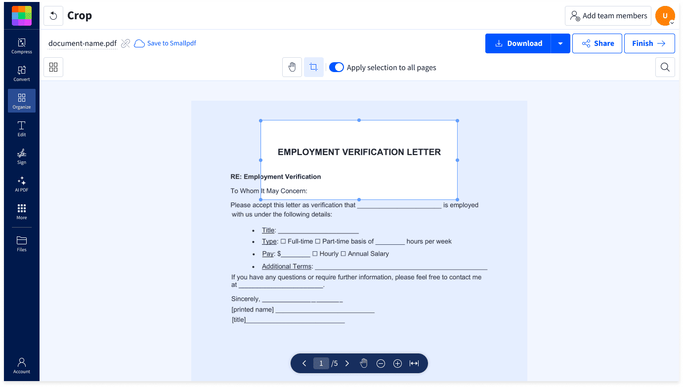 How to crop a PDF in Smallpdf: drag the crop box over the area to keep, apply it to all pages if needed, and click Finish