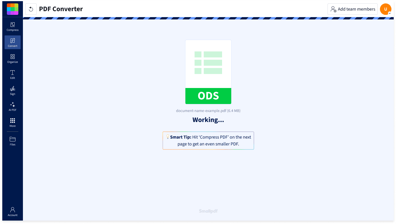 How to convert ODS to PDF in Smallpdf: upload your ODS spreadsheet and the PDF Converter turns it into a PDF automatically