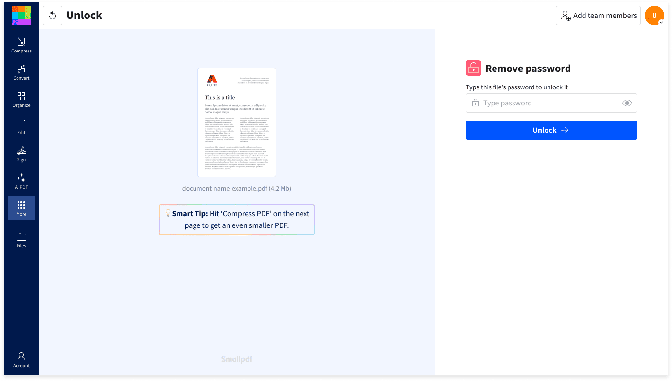 How to unlock a PDF: import the locked file, enter the password, and download or share the unlocked PDF