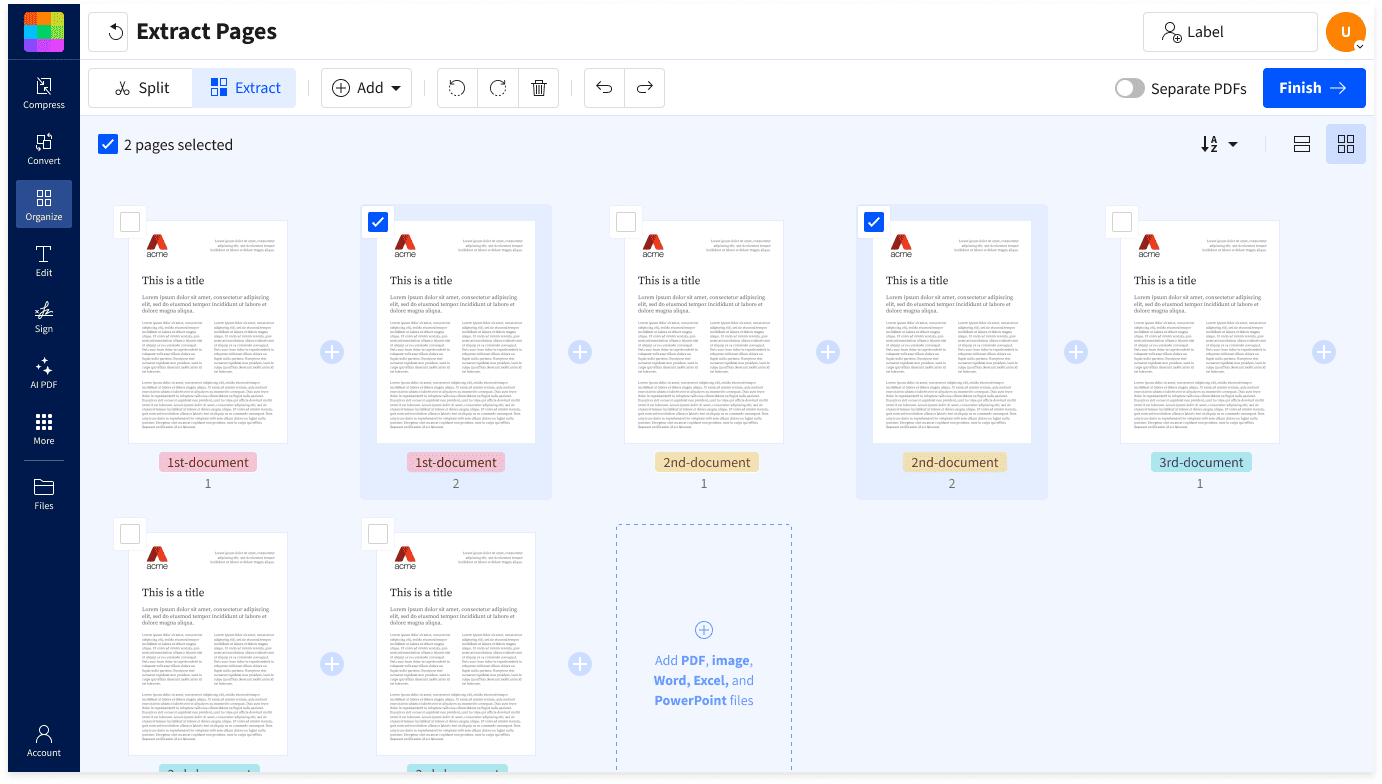 How to extract PDF pages in Smallpdf: upload a PDF, tick the pages to keep, toggle Separate PDFs if needed, and click Finish