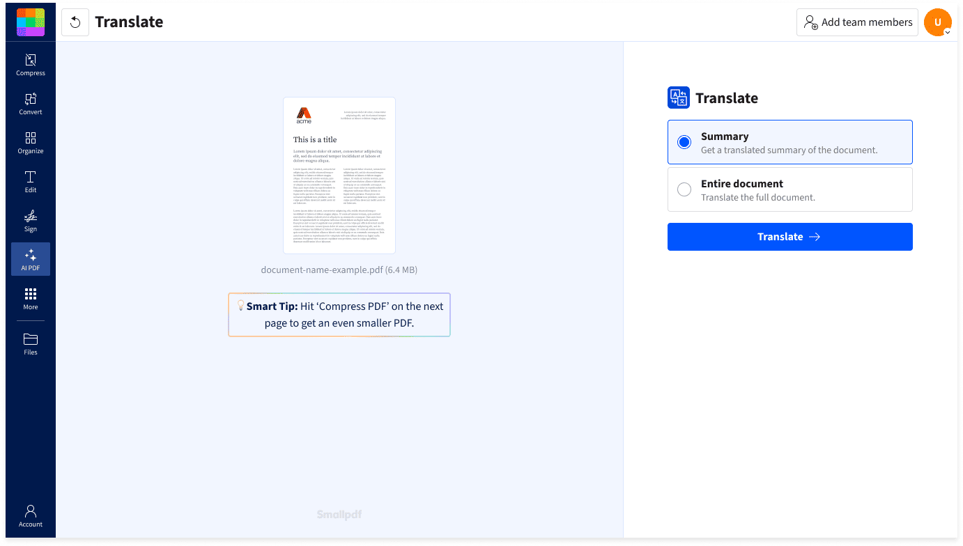 How to translate a PDF: import the file, choose summary or full document, select a language, and translate