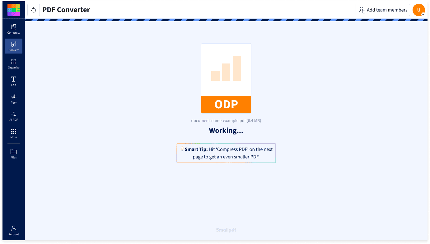 How to convert ODP to PDF in Smallpdf: upload your ODP presentation and the PDF Converter turns it into a PDF automatically