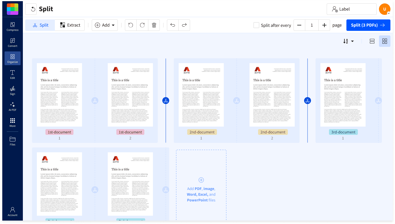 How to split a PDF: import the file, select pages with the scissor tool, split, and download the new files