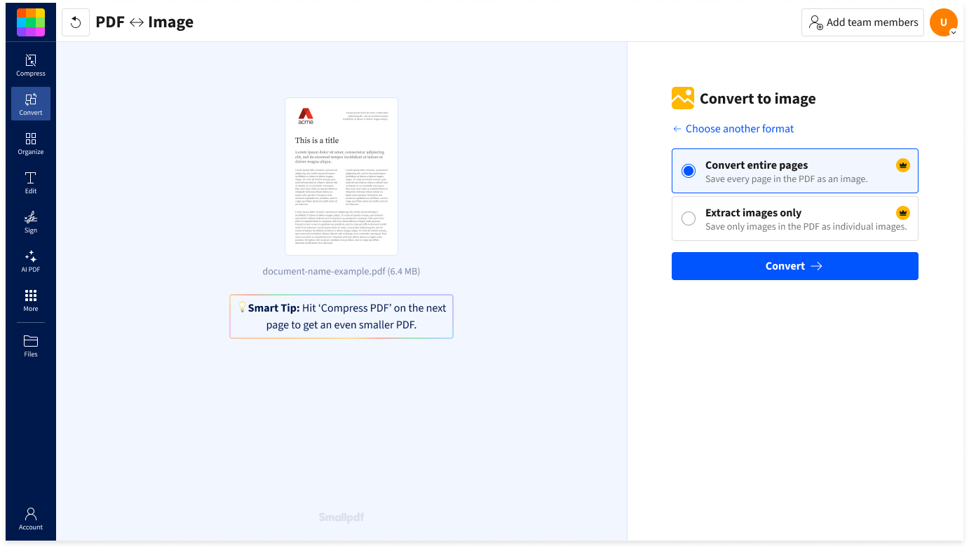 How to convert PDF to PNG in Smallpdf: upload a PDF, choose Convert entire pages or Extract images only, and click Convert