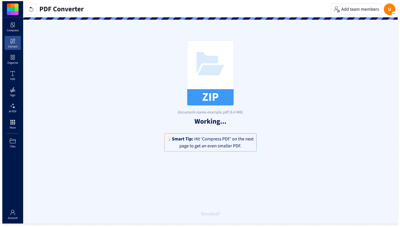 How to convert ZIP to PDF in Smallpdf: upload a ZIP folder and the PDF Converter turns the files inside into PDFs