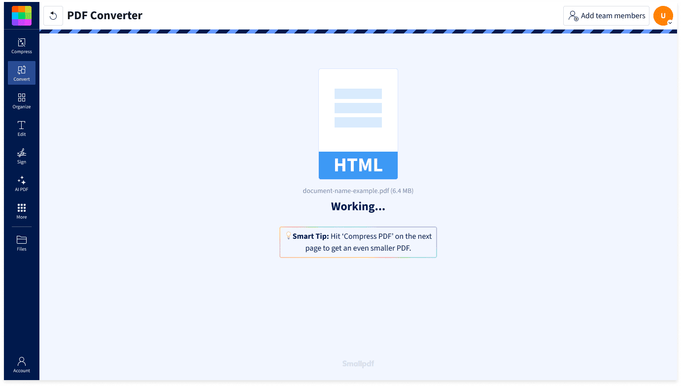 How to convert HTML to PDF in Smallpdf: upload your HTML file and the PDF Converter turns it into a PDF automatically