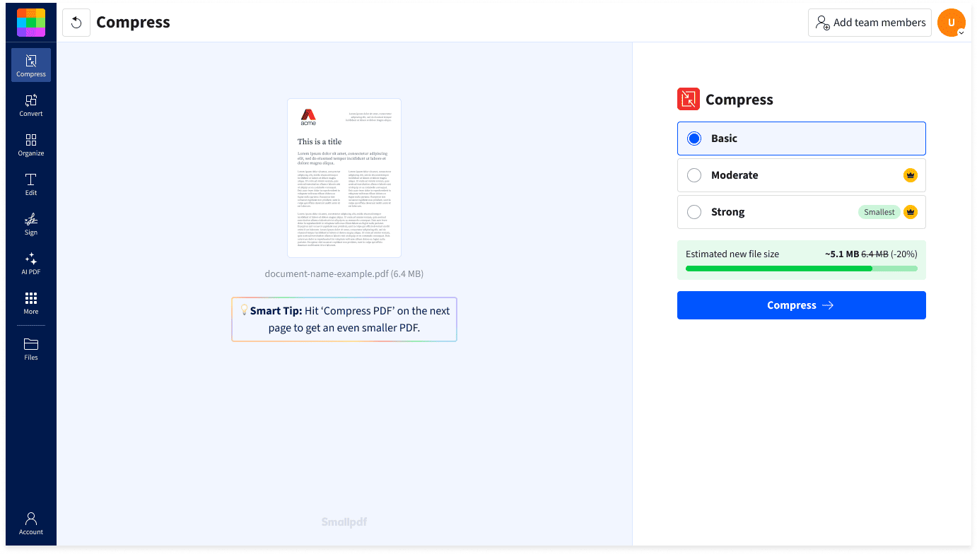 How to compress a PDF: drag and drop the file, choose a compression level, and download or share the result