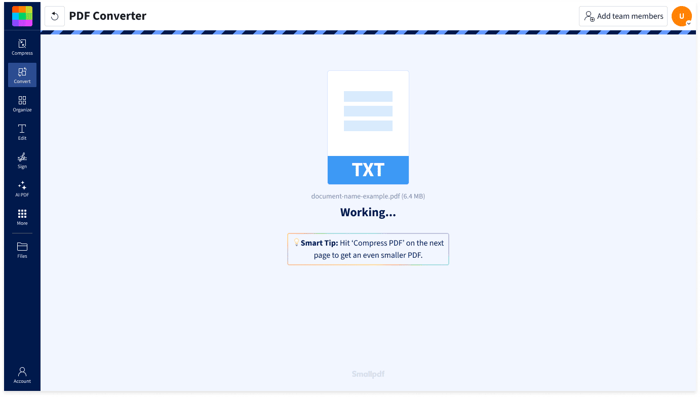 How to convert TXT to PDF in Smallpdf: upload your TXT file and the PDF Converter turns it into a PDF automatically