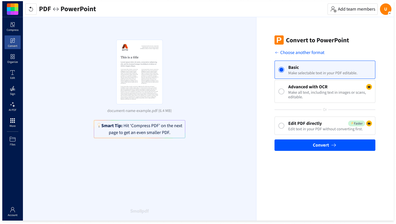 How to convert PDF to PPT: upload the file, choose a conversion type, convert, and download the PowerPoint file