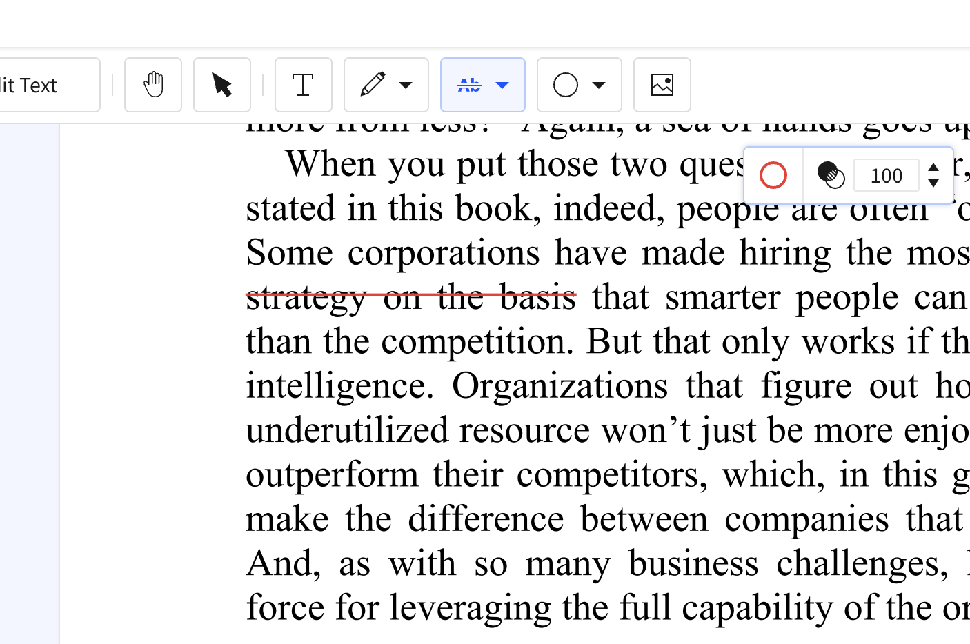 What strikethrough text looks like in Smallpdf