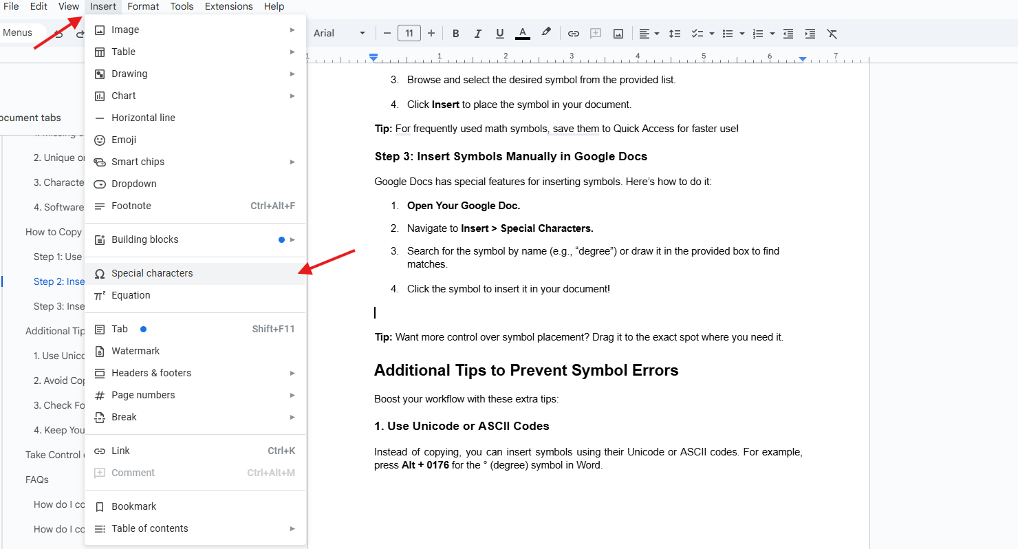 Insert symbols manually in Google Docs