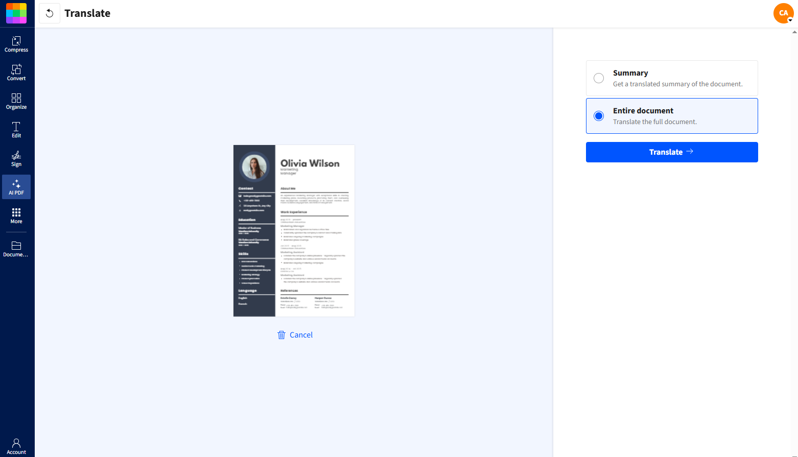 Options for full translation or a short summary.