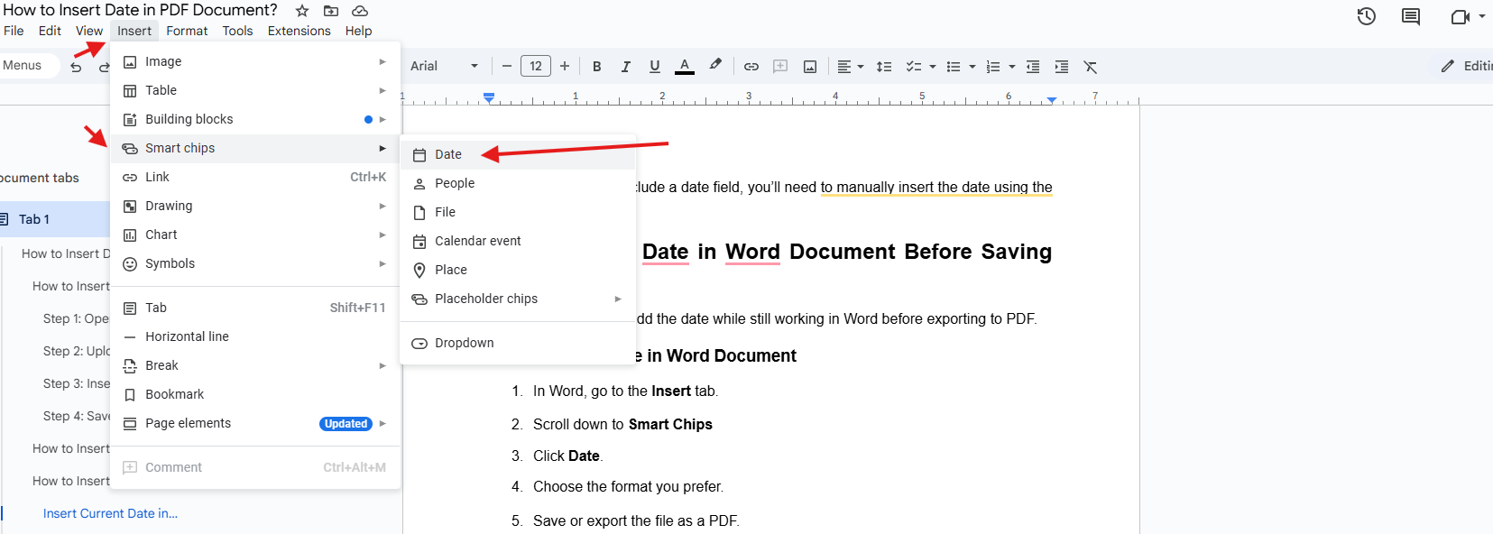 Insert date in Google Docs
