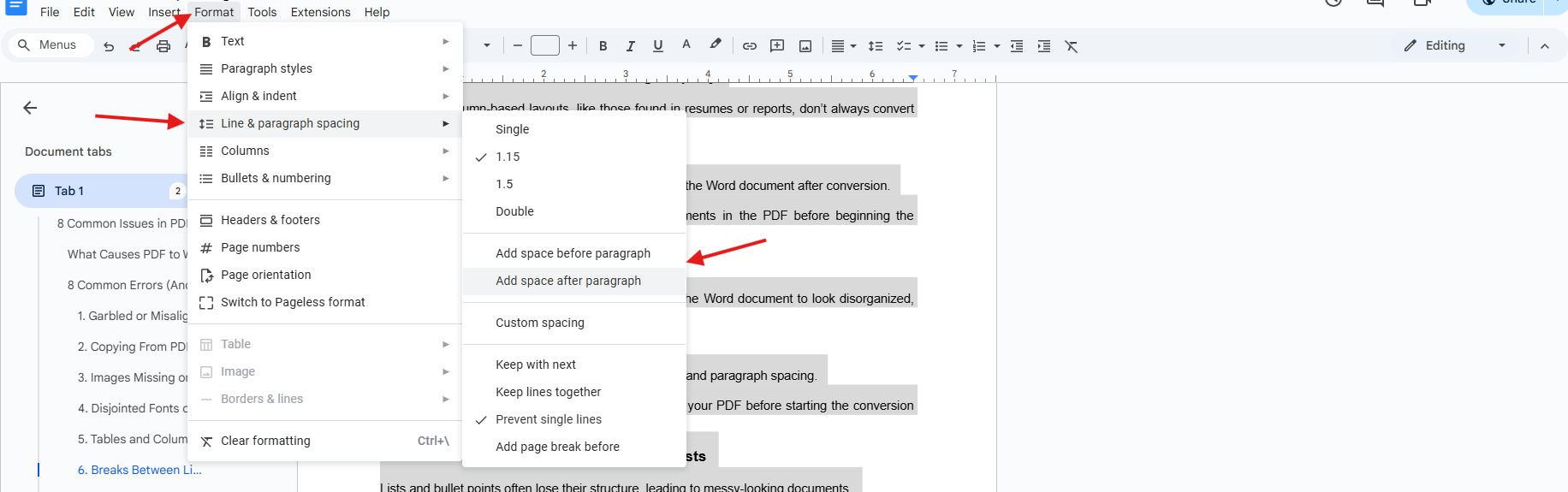 Breaks between lines or words