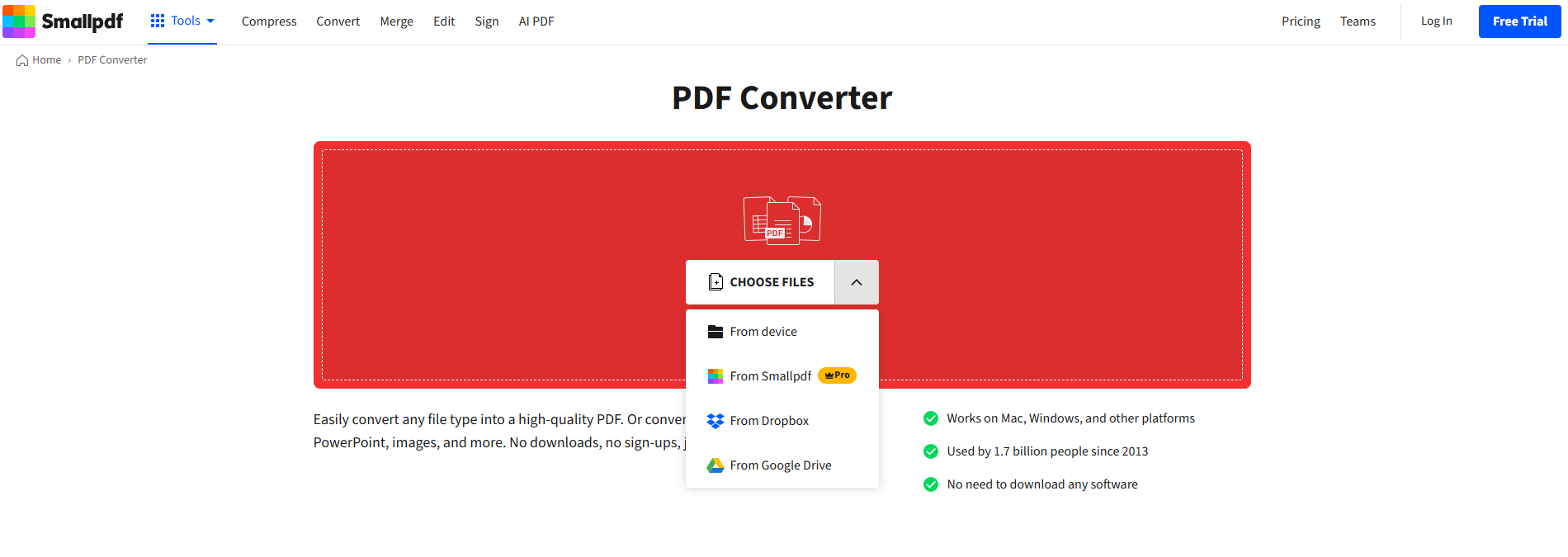 Open PDF to Word converter on Smallpdf