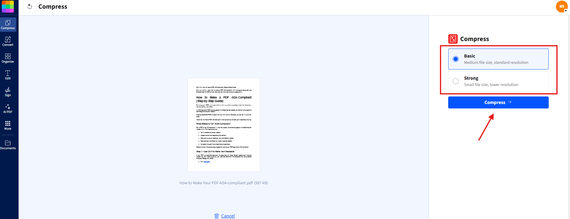 Compress your PDF before attempting to convert