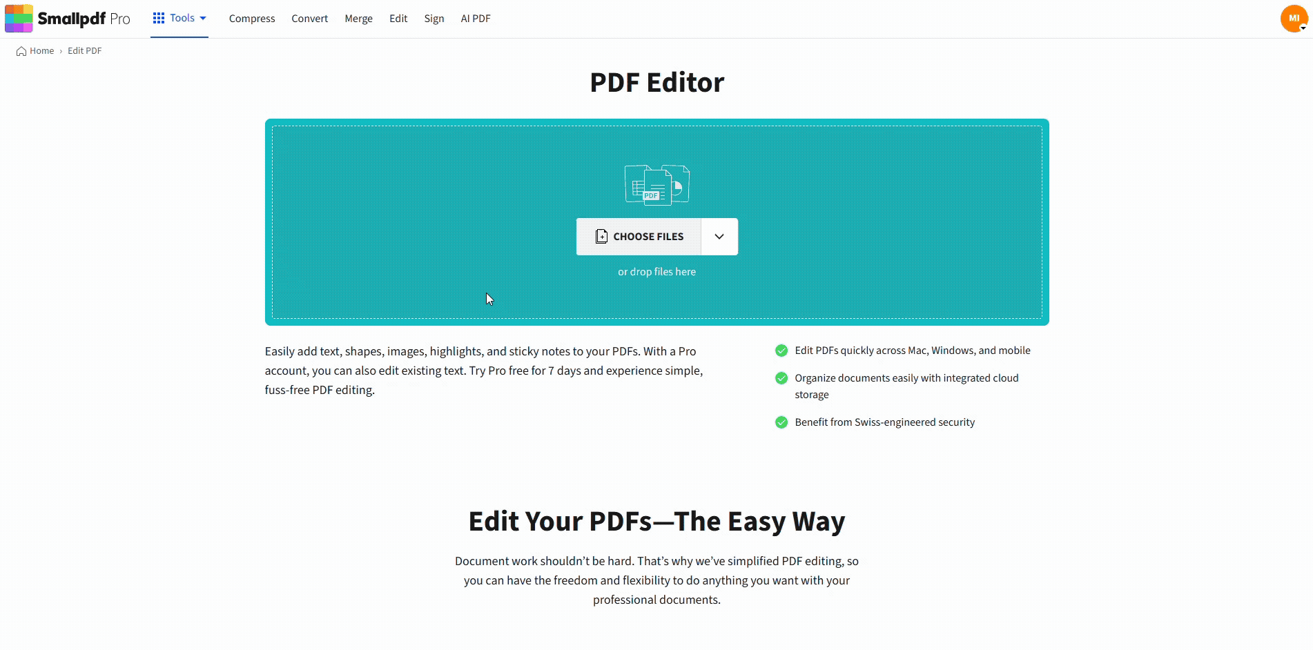 Add a tick mark using the Smallpdf Edit PDF feature