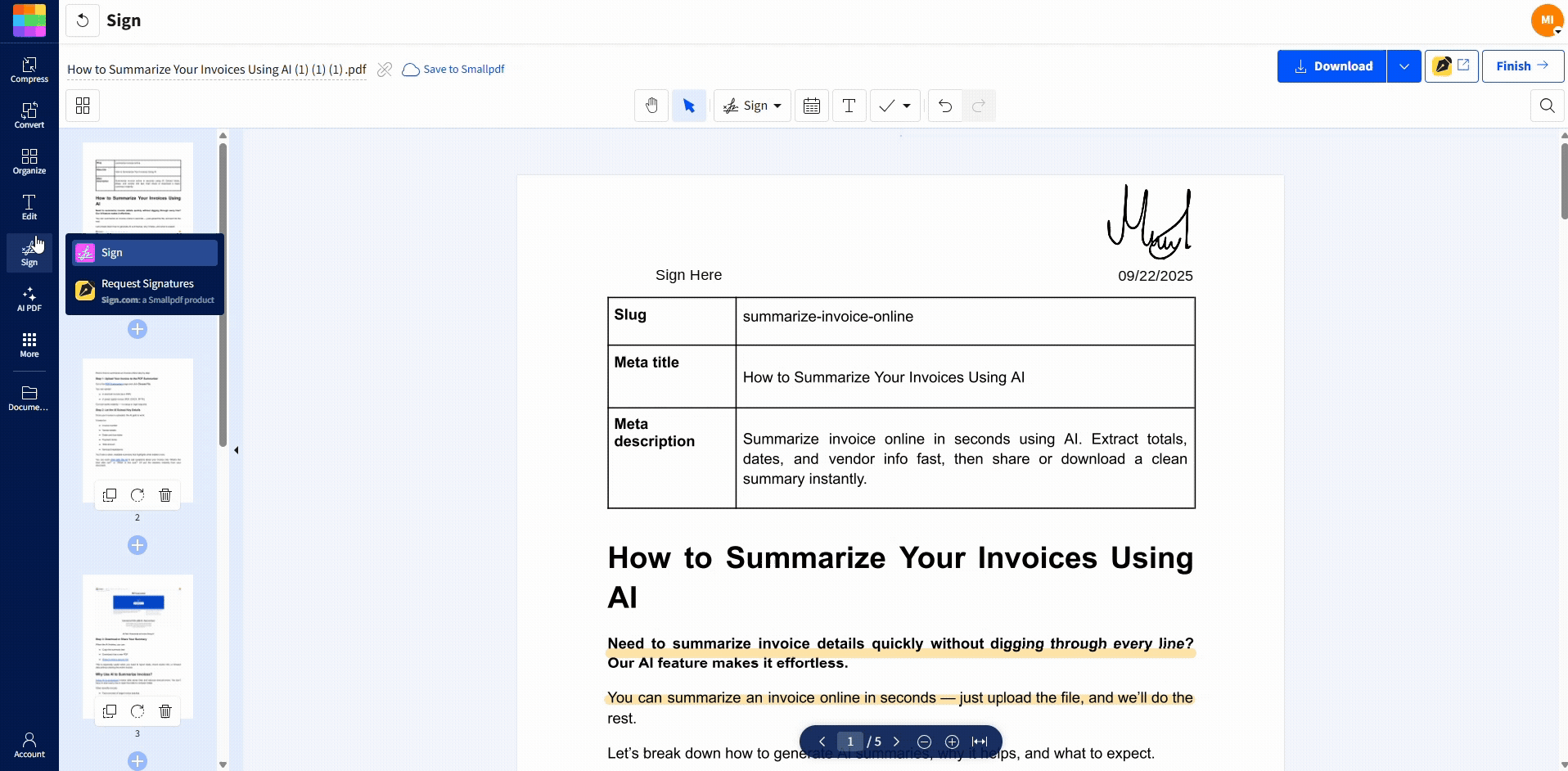 Add signature block to PDF using Smallpdf Sign PDF