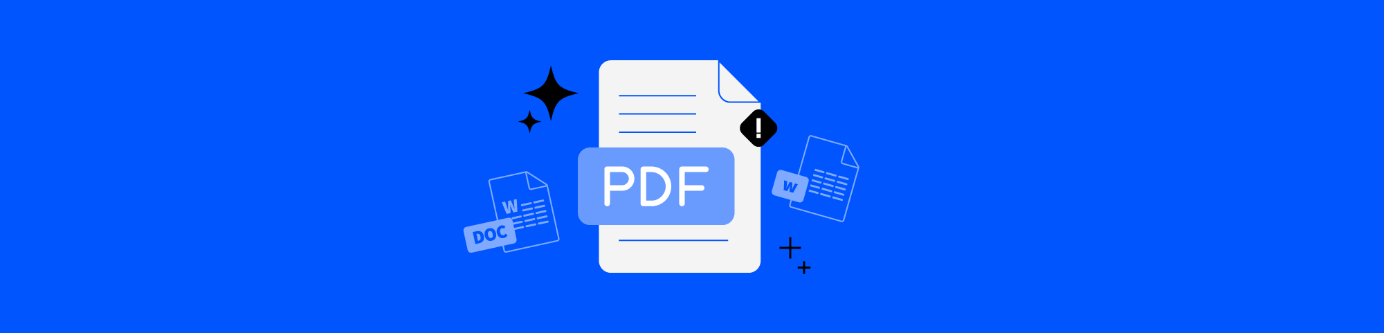 Illustration of a PDF file icon with a warning symbol, surrounded by Word document icons on a blue background.