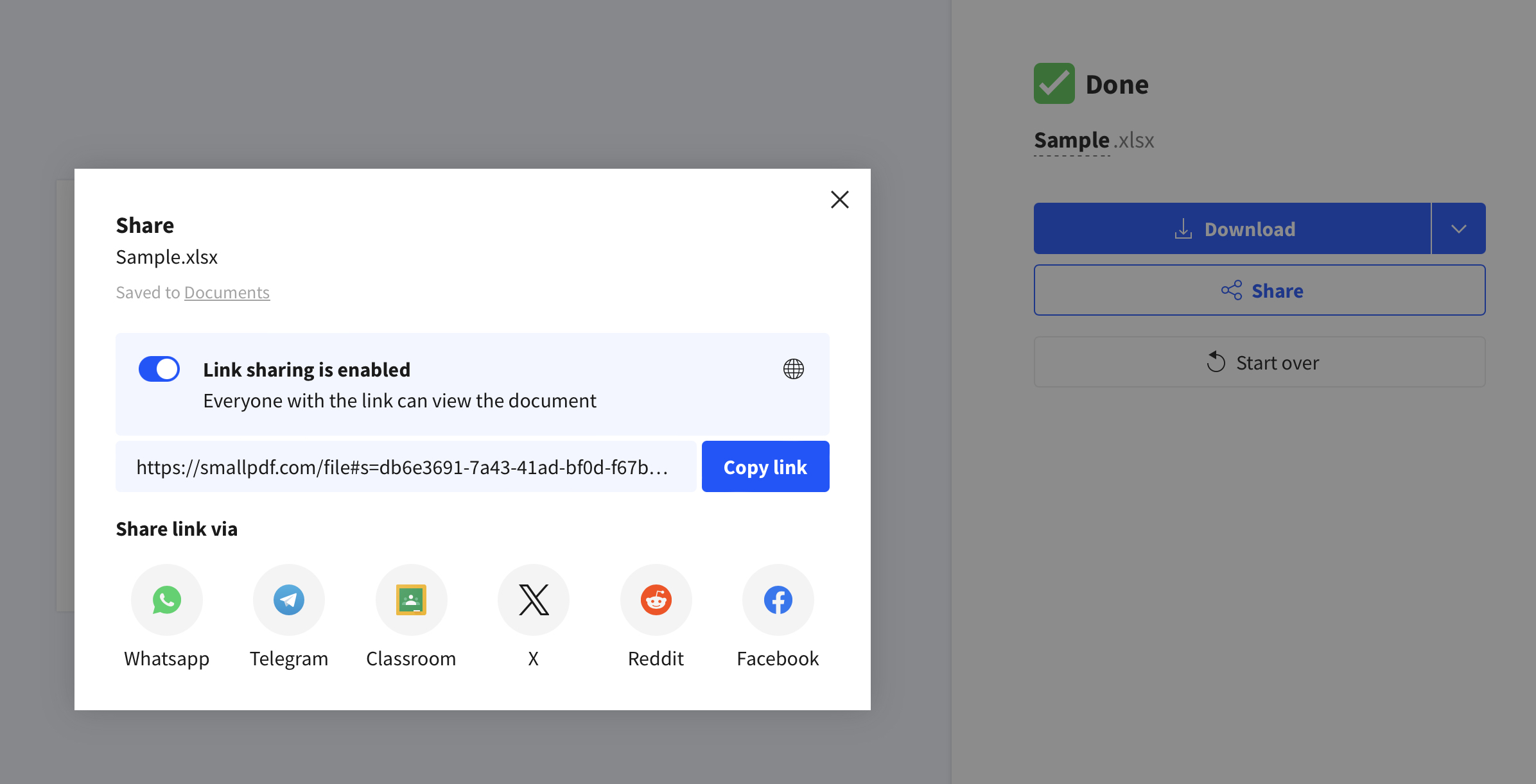 Option zum Teilen deiner Dateien über Smallpdf
