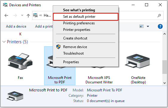 Setting it as the Default Printer in Control Panel
