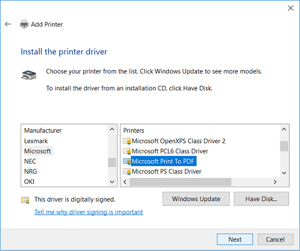 Reinstall the Microsoft Print to PDF driver