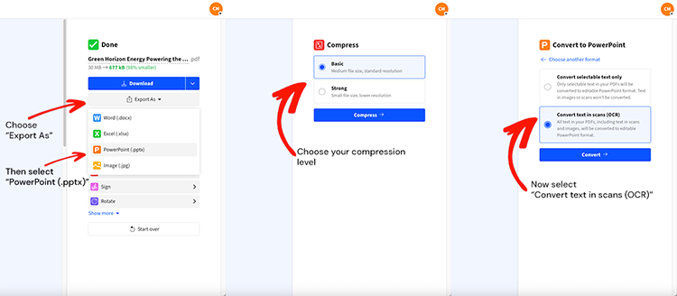 Smallpdf Compress tool interface showing how to export as PPTX