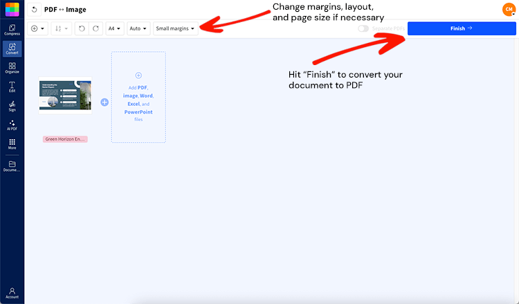 Interface de l’outil de création de PDF permettant de convertir des documents Microsoft et des images au format PDF