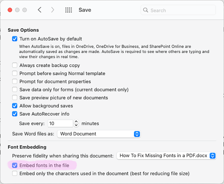 Ensuring fonts are embedded in PDFs saved from Microsoft Word