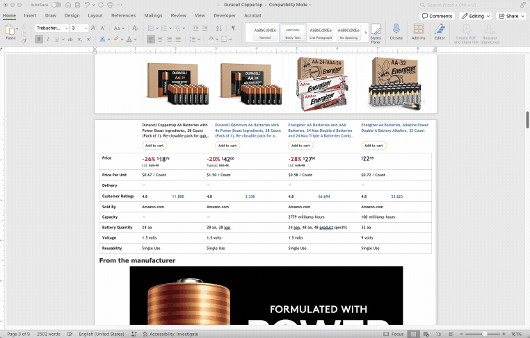 Editing a table in Word