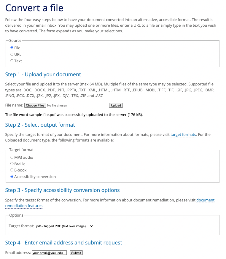 Uploading and selecting output format and conversion options in RoboBraille