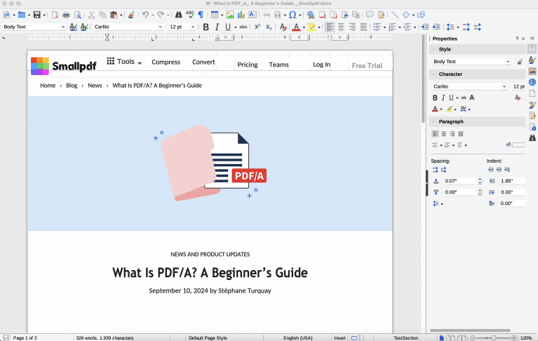 Saving a Word document as HTML in LibreOffice