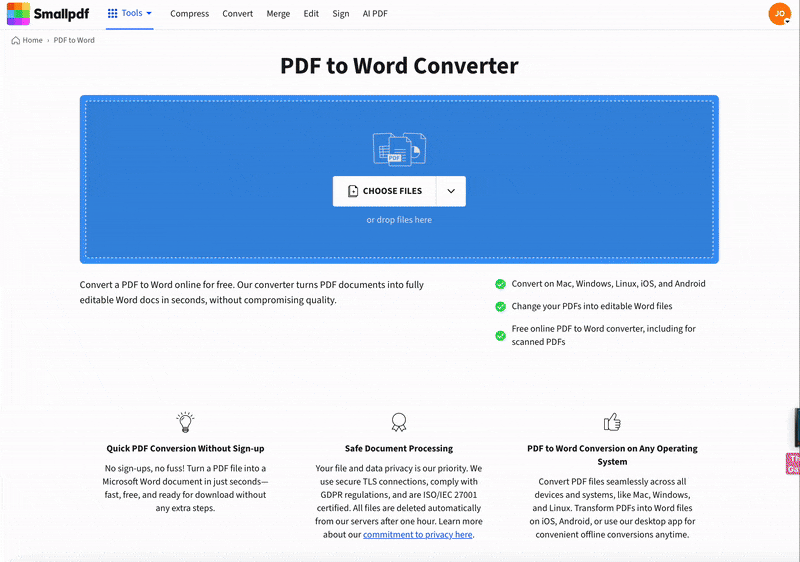 Converting a PDF eBook to Word using Smallpdf